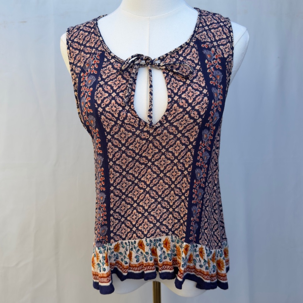 Patrons of Peace Boho Floral Ruffle Hem Tank Top Festival Blouse L